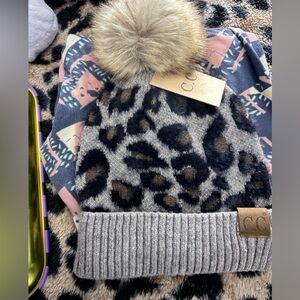 C.C Gray and Brown Leopard Beanie with Pom Pom